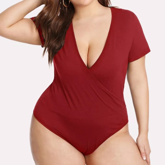 SHEIN Tops - SHEIN Plus Deep V Neck Surplice Wrap Bodysuit